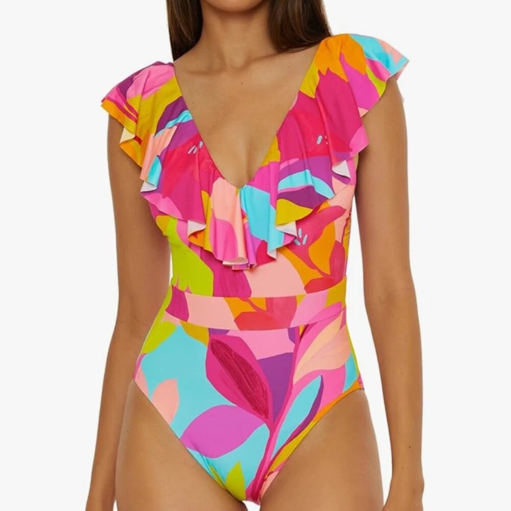 Trina Turk Lilleth Ruffle One Piece Tropical Print Swimsuit